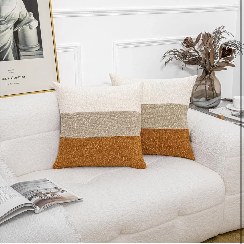 Vuty Decorative Textured Boucle Pillow Covers 20 X 20, Cream/Khaki/Orange Brown